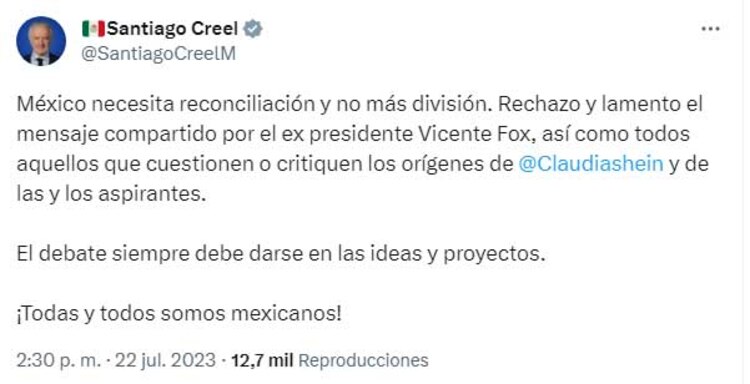 El mensaje de Santiago Creel Miranda en redes sociales