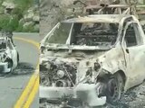 Vehículo incinerado donde viajaban los trabajadores de la CFE en la carretera Yécora-Hermosillo.