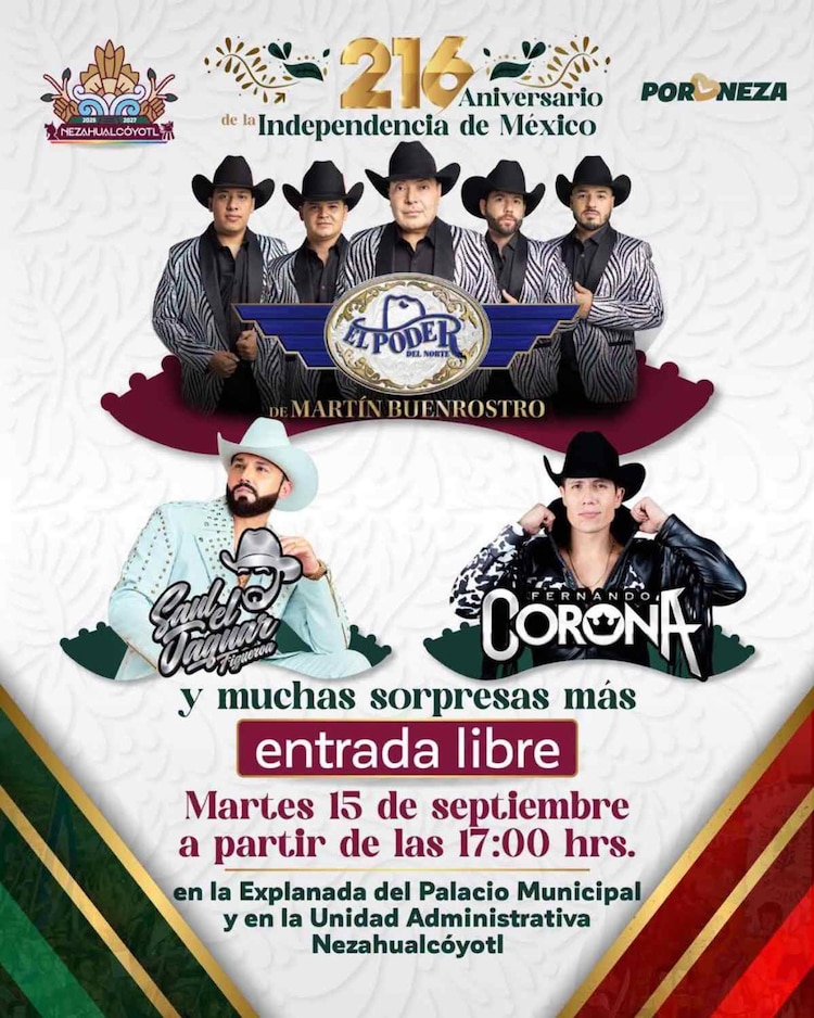 El Poder del Norte y Saúl El Jaguar pondrán a cantar a miles de familias mexiquenses en una noche patria inolvidable.