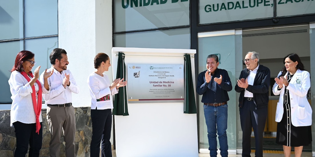 Claudia Sheinbaum durante la inauguración de la Unidad de Medicina Familiar No. 58 en Guadalupe, Zacatecas.