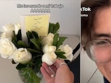 Una chica le regaló flores a su novio; él se emocionó mucho.