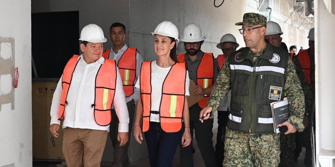 Presidenta Claudia Sheinbaum, al centro, supervisa junto al gobernador Joaquín Díaz Mena el Hospital General “Agustín O’Horán” en Yucatán.