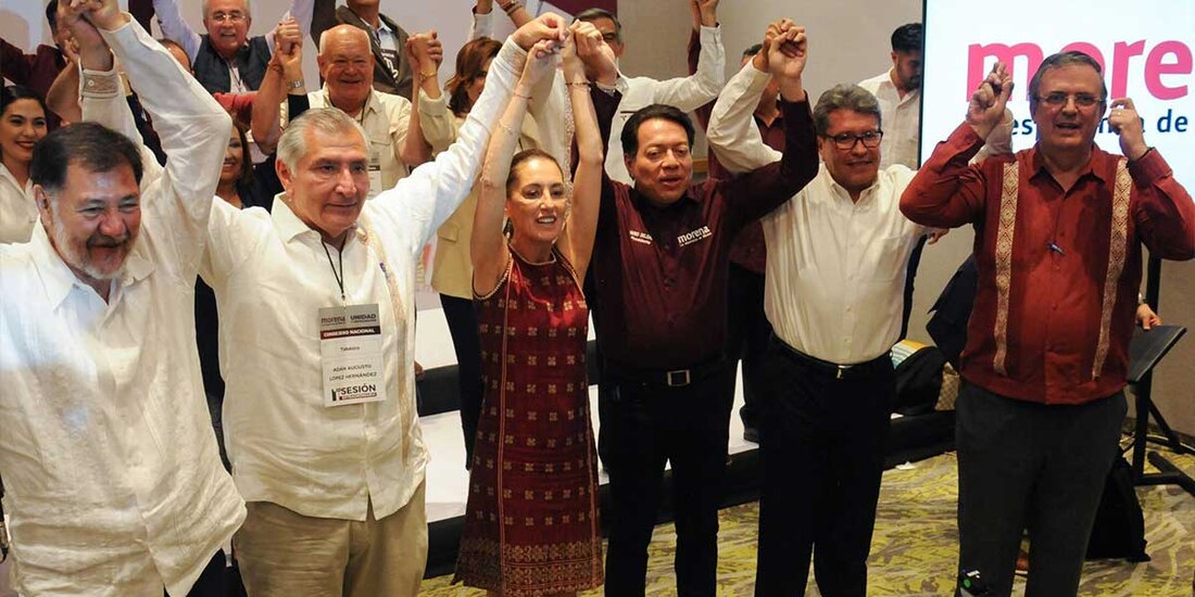 De izq. a der.: Gerardo Fernández Noroña (PT), Adán Augusto López; Claudia Sheinbaum, Mario Delgado, Ricardo Monreal y Marcelo Ebrard. 