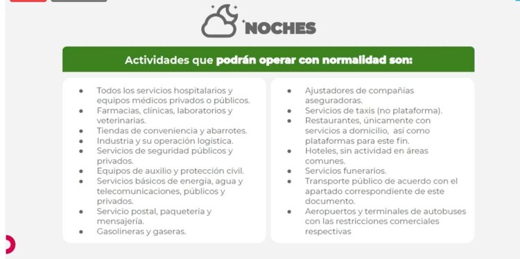 Actividades permitidas en las noches de lunes a viernes.