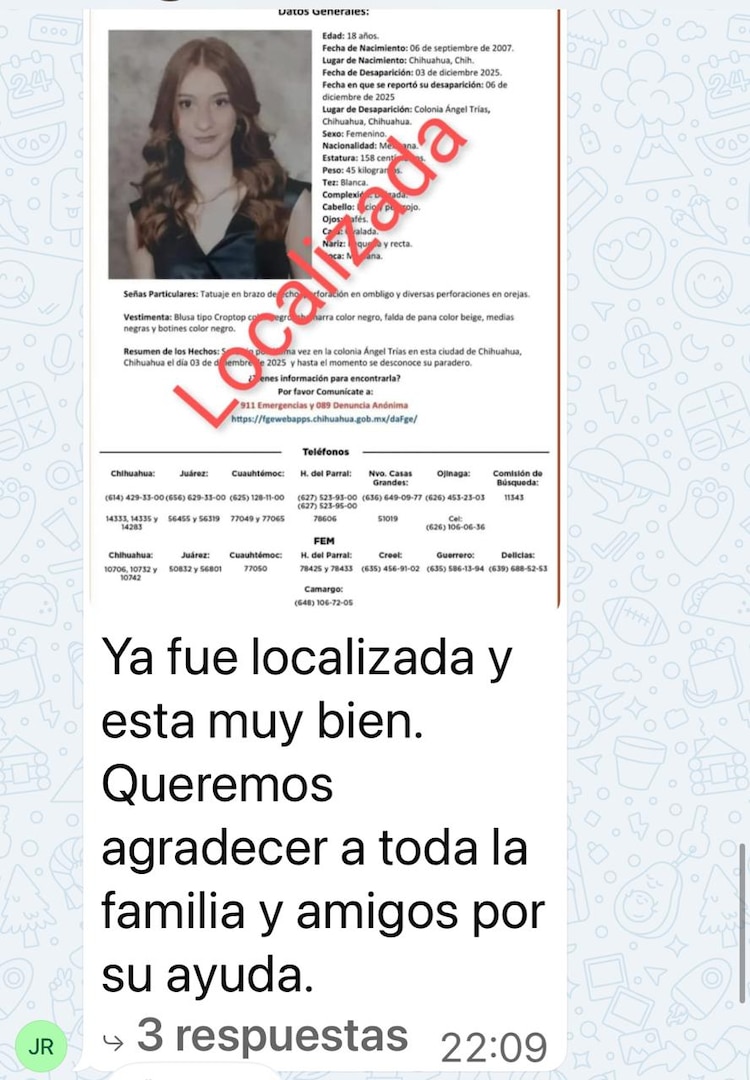 Localizan a Helena, joven desaparecida en Chihuahua.