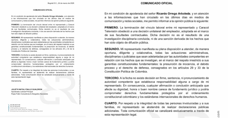 Comunicado de la apoderada judicial de Ricardo Orrego