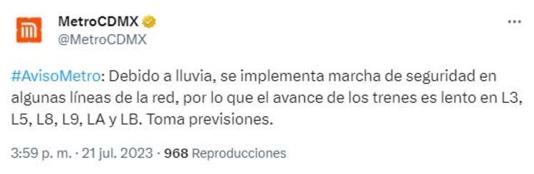 Marcha lenta de trenes por lluvia este 21 de julio de 2023