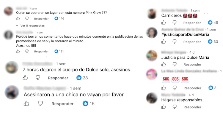 Comentarios en las publicaciones de la presunta clínica sobre la muerte de Dulce María
