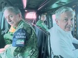 El Presidente (de blanco) realiza un sobrevuelo por la entidad junto a los titulares de la Sedena (atrás, de lentes), Luis Cresencio Sandoval, y de Marina, Rafael Ojeda.
