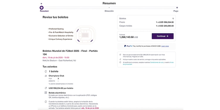DESGLOSE de precio y cargos totales de una entrada, en dólares
