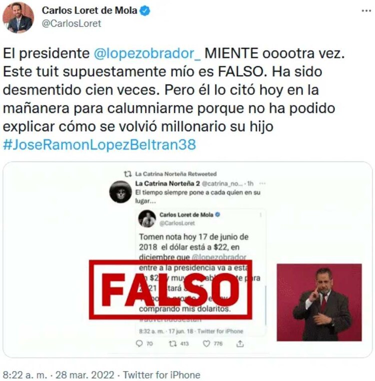 Así se pronunció Loret de Mola sobre tuit citado en la mañanera de AMLO.