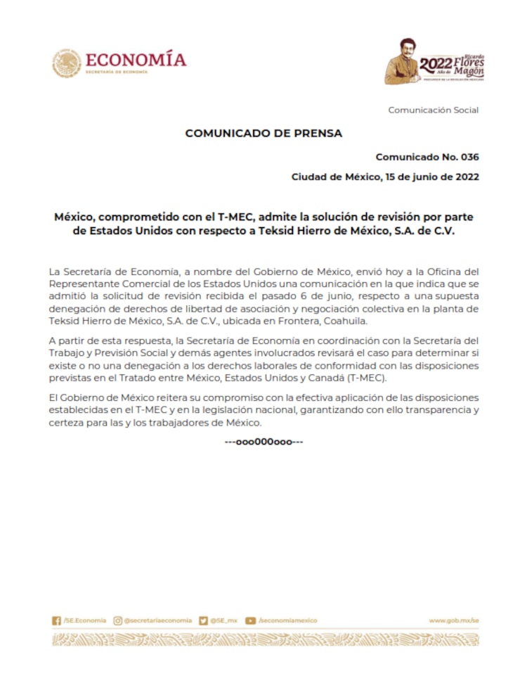 Comunicado de la SE sobre solicitud de revisión de derechos laborales por parte de EU.