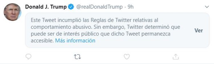 Etiqueta colocada por la red social sobre el tuit en que Trump amenaza con usar la fuerza contra manifestantes.