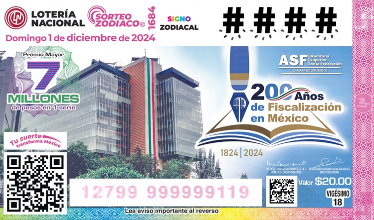 El billete del Sorteo Zodiaco 1684 está dedicado a los 200 años de la Fiscalización en México, misma que comenzó en 1824.