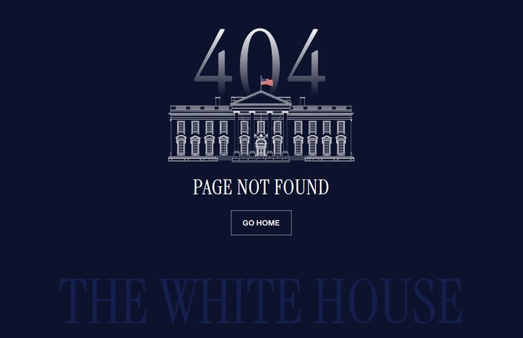 Este es el mensaje de error 404 que muestra la dirección que anteriormente llevaba al sitio web de la Casa Blanca.