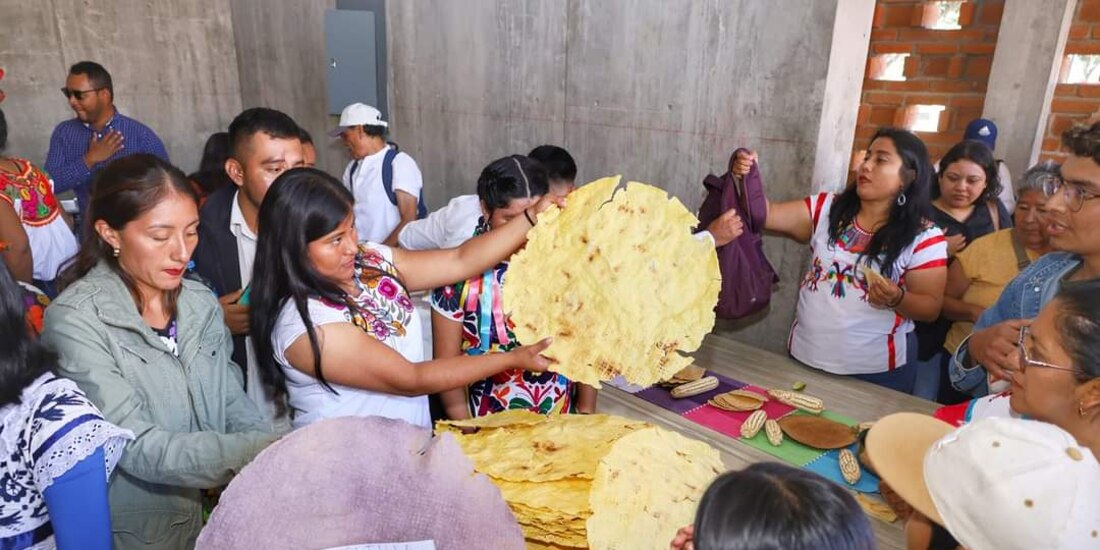 Agricultores muestran sus productos a los visitantes al museo, ayer.