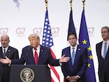 El presidente Donald Trump, en conferencia de prensa en la cumbre del G7, ayer.