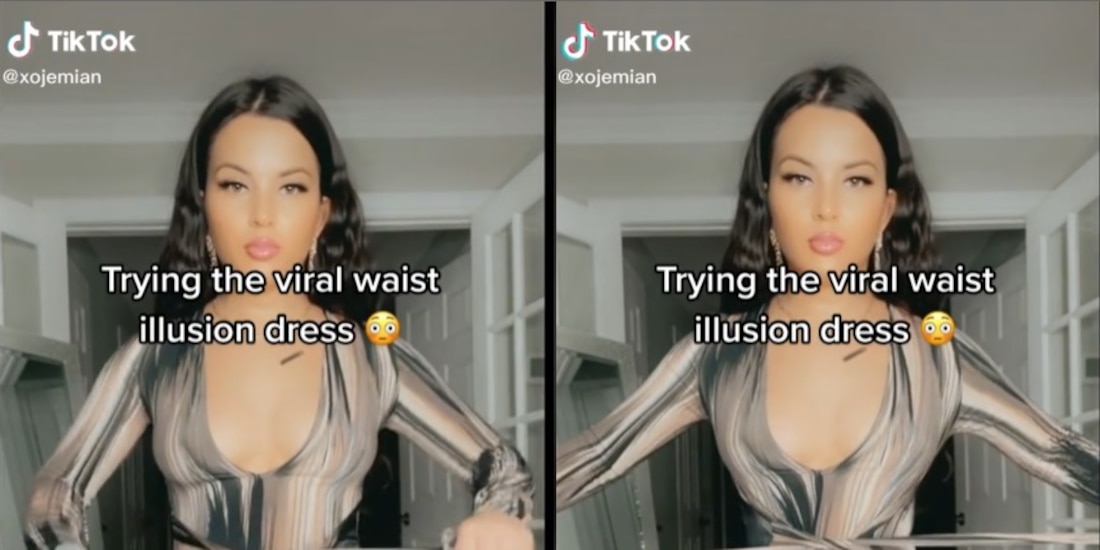 Vestido con ilusión óptica parece rebajar la cintura