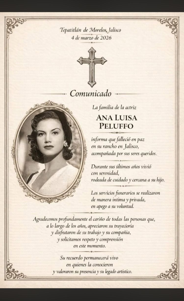 Comunicado de la muerte de Ana Luisa Peluffo
