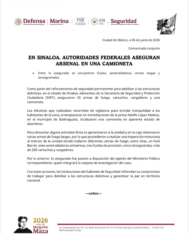 Comunicado del Gabinete federal de Seguridad.