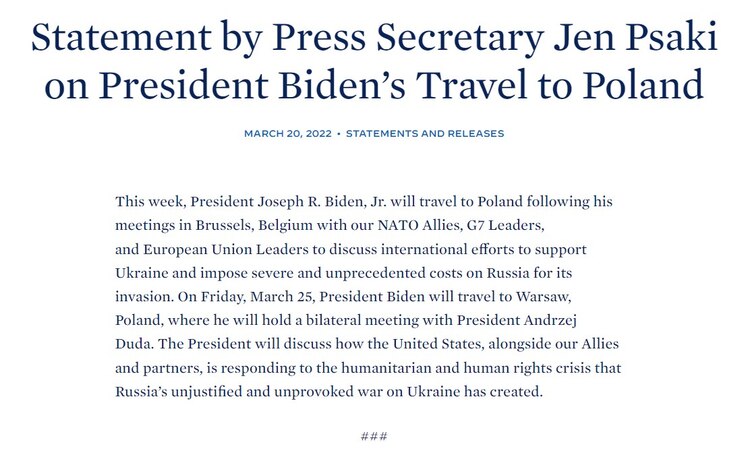 Joe Biden, presidente de EU, visitará Polonia: Casa Blanca.