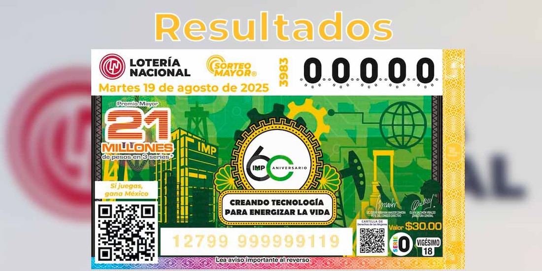 Resultados Sorteo Mayor 3983 del 19 de agosto del 2025 de Lotería Nacional.