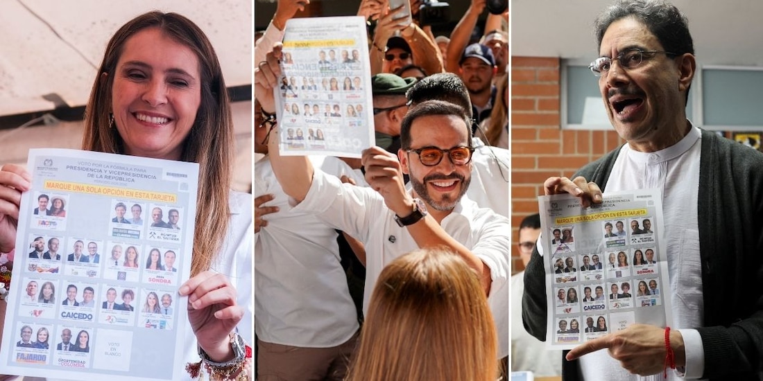 Votan candidatos presidenciales en Colombia; de izq. a der.: Paloma Valencia, Abelardo de la Espriella e Iván Cepeda.