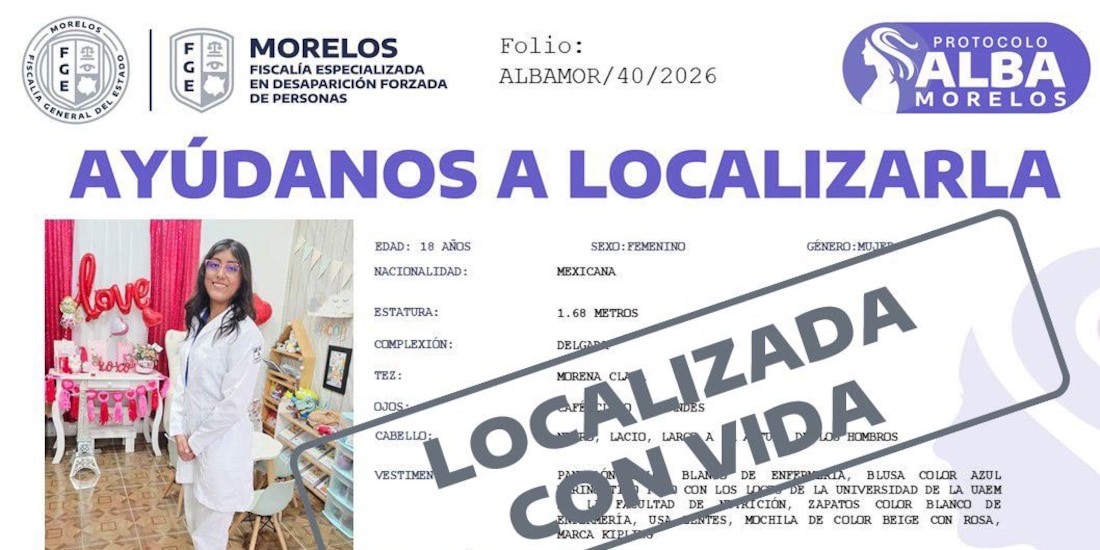 Fiscalía de Morelos reporta como "localizada con vida" a Stephanye, tercera estudiante de la UAEM reportada desaparecida.