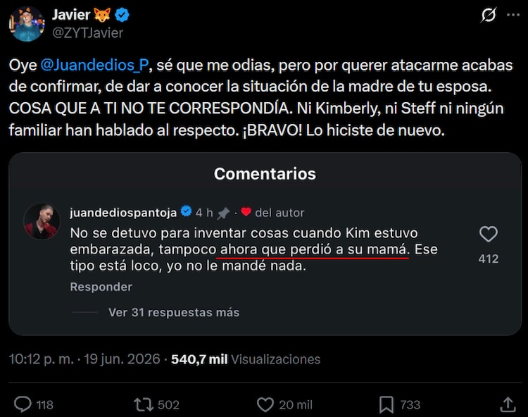 Juan de Dios Pantoja confirma que la mamá de Kimberly Loaiza murió