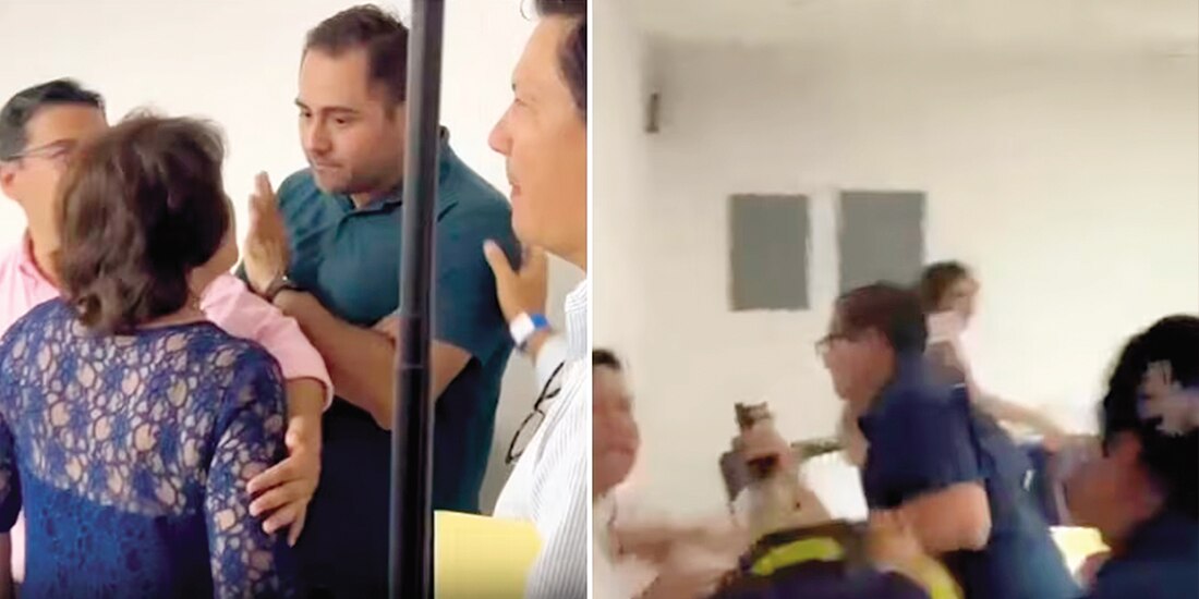 Captura de video del enfrentamiento entre panistas en el Consejo de Campeche, ayer.