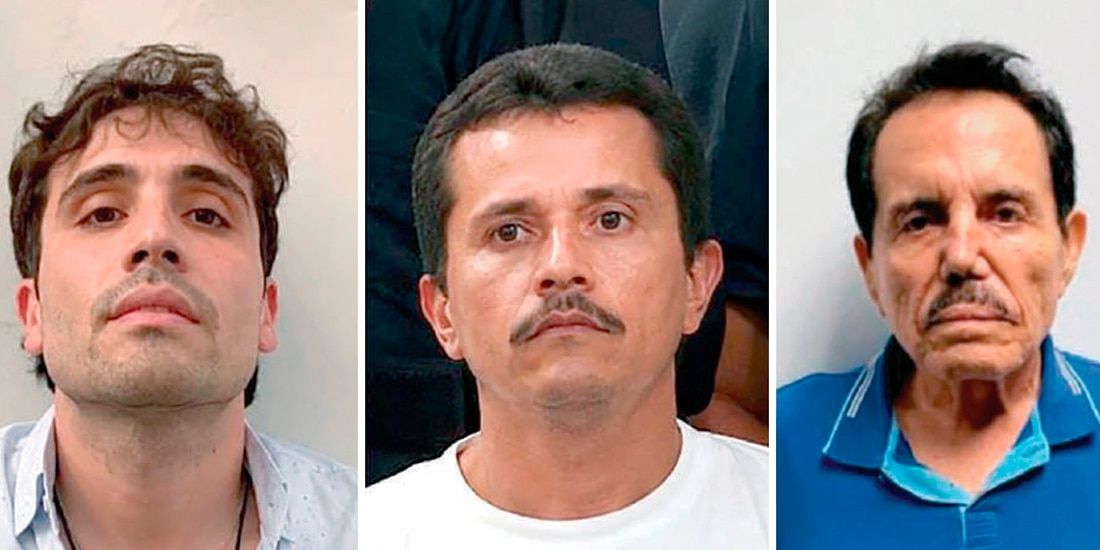 OVIDIO GUZMÁN (izq.), es el primer hijo de El Chapo en declararse culpable en EU. Sus hermanos, Iván Archivaldo y Jesús Alfredo, lideran la facción del CDS denominada Los Chapitos, a la que se le atribuye la detención de El Mayo (der.). Al centro, El Mencho, líder del CJNG, abatido.