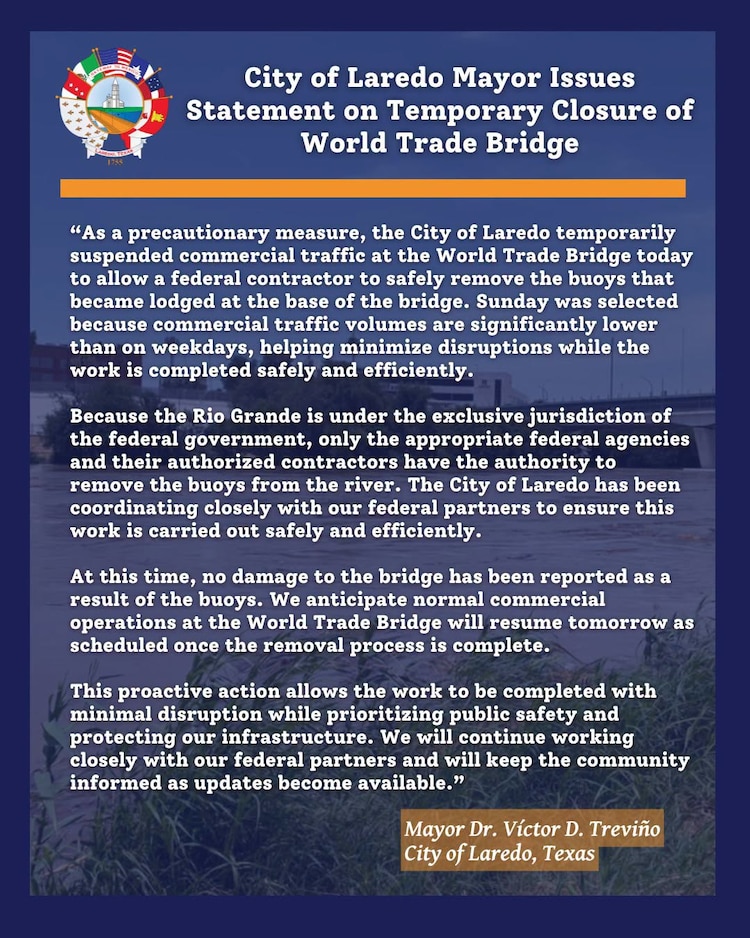 Comunicado del gobierno de Laredo, Texas, sobre el cierre del Puente.