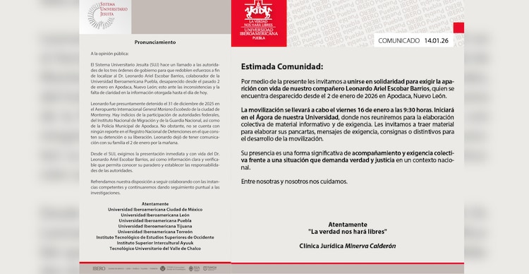 Universidad Iberoamericana Puebla sobre la desaparición de Leonado Ariel Escobar Barrios