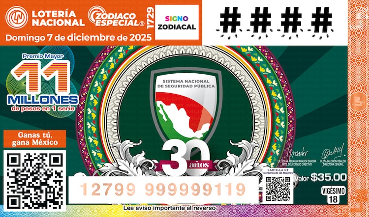 El billete del Sorteo Zodiaco Especial 1729 estuvo dedicado al 30 aniversario del Sistema Nacional de Seguridad Pública.