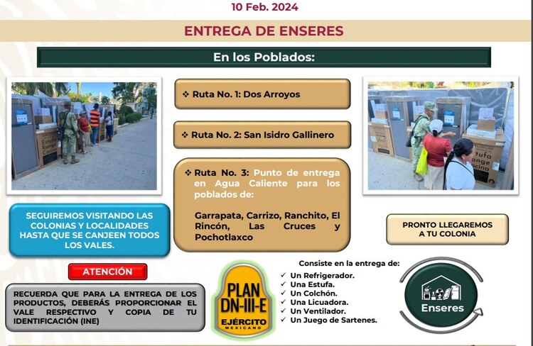 La Sedena entregará enseres en Acapulco.