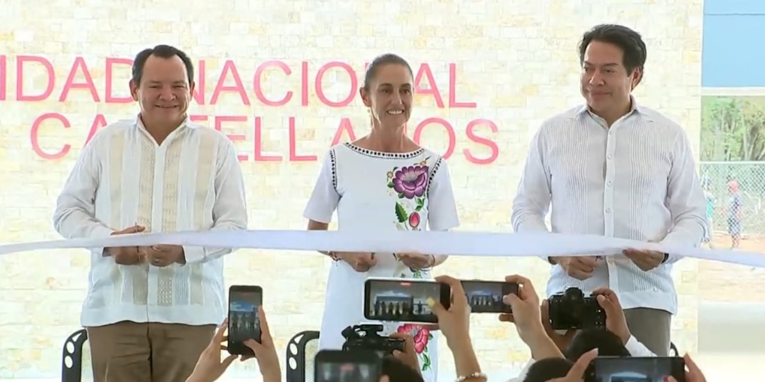 La presidenta Claudia Sheinbaum Pardo durante la inauguración de la Unidad Académica de Kanasín de la Universidad Nacional Rosario Castellanos en Yucatán.