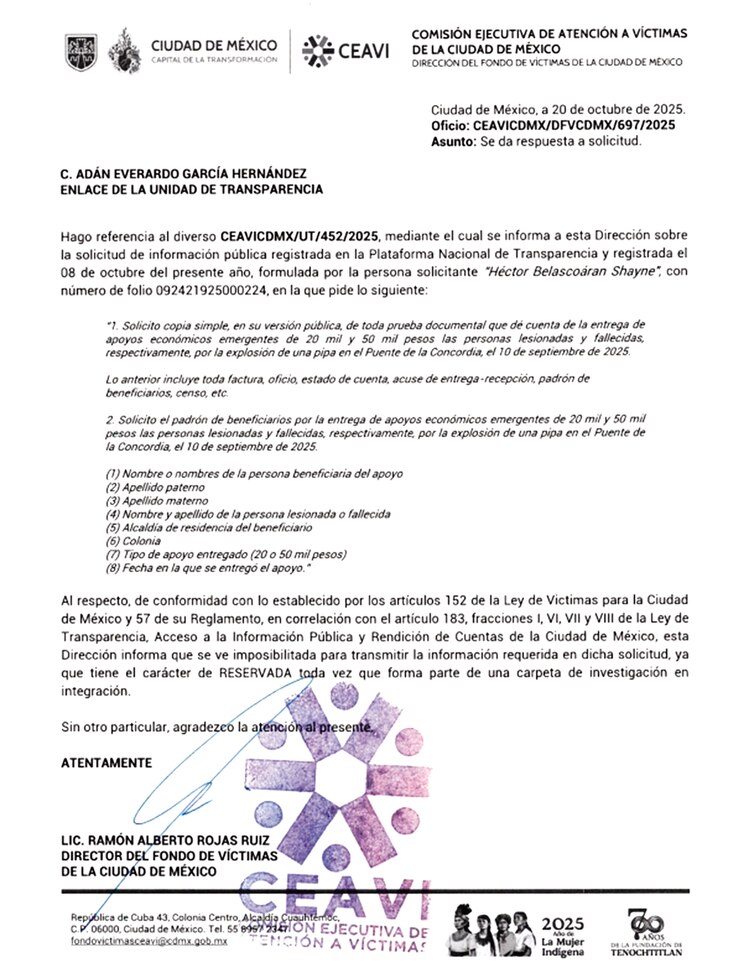 A pesar de la Ley General de Transparencia y Acceso a la Información Pública, la Ceavi reservó la información
de apoyos por tiempo indefinido.