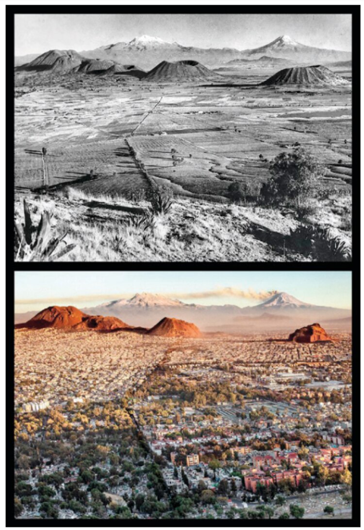 Vista de la Sierra de Santa Catarina en la década de 1930 y en la actualidad.