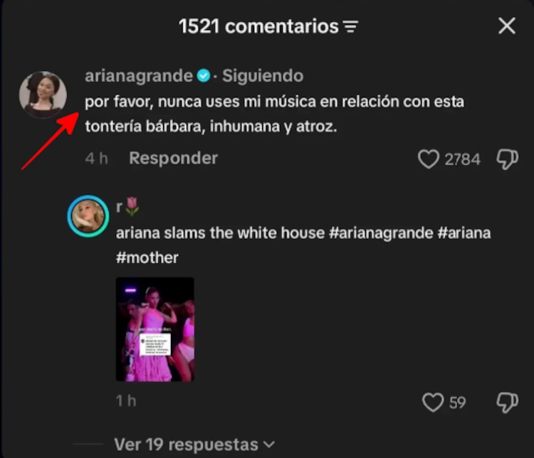 Comentario de Ariana Grande en el video de TikTok de la Casa Blanca