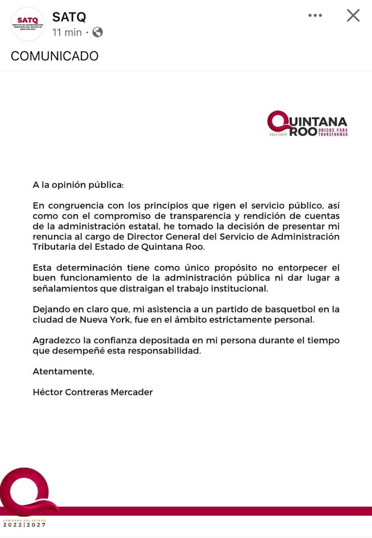 Tarjeta informativa sobre la renuncia de Contreras Mercader.