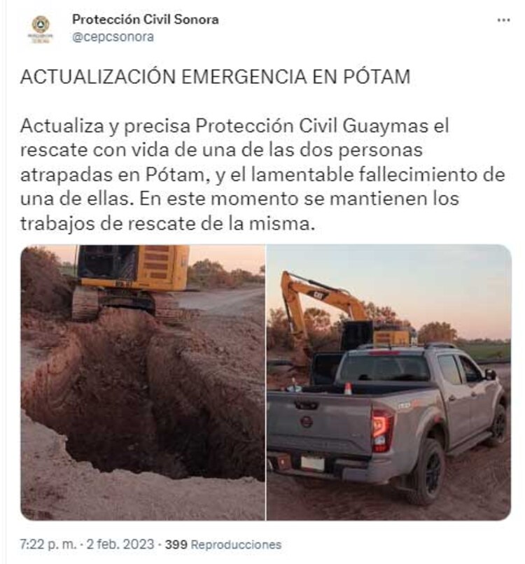 Derrumbe deja una persona fallecida en comunidad Yaqui de Pótam, Sonora