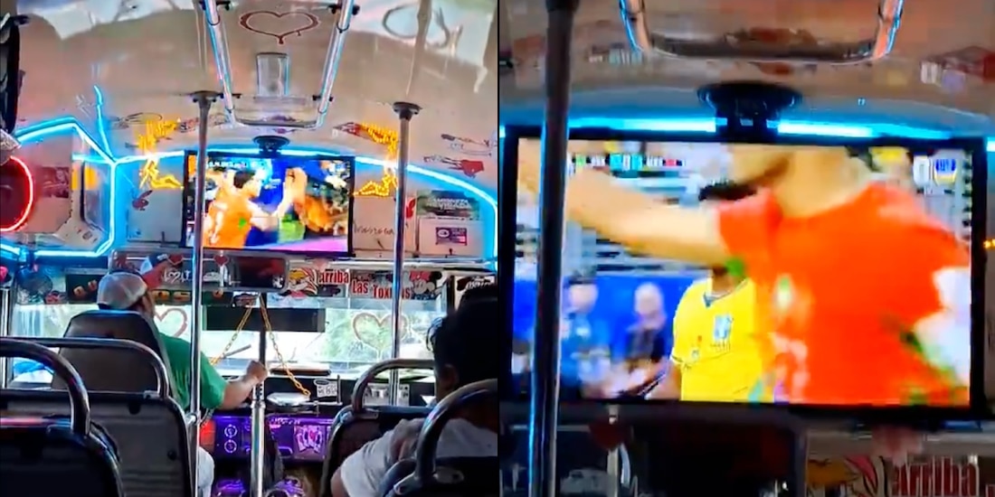 Conductor de microbús pone pantalla para ver los partidos del Mundial