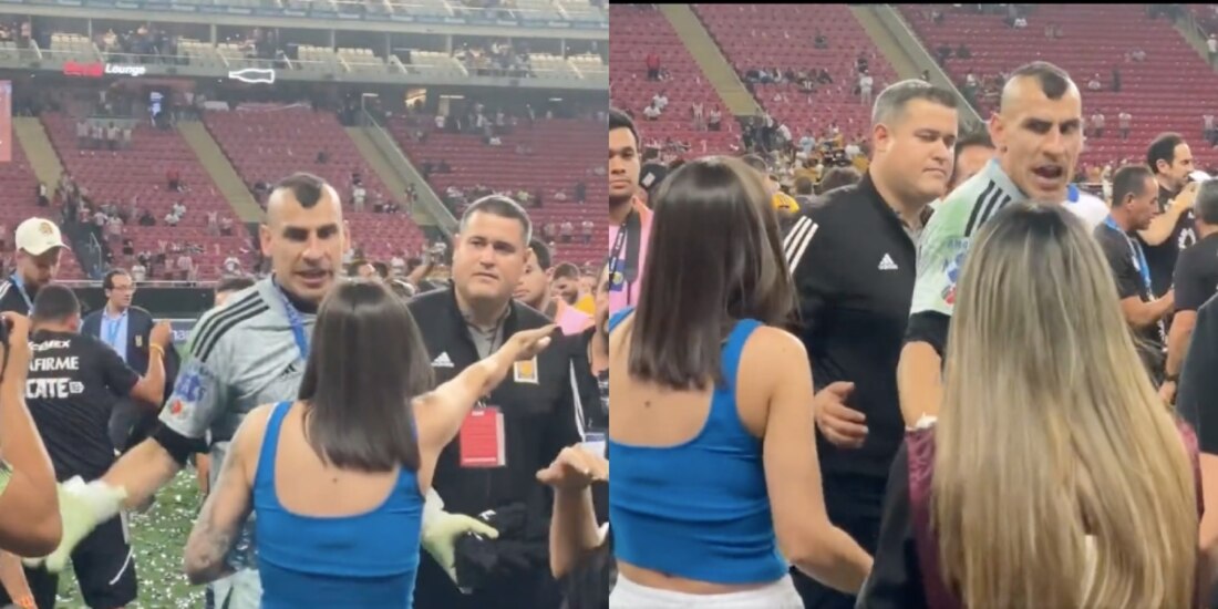 Nahuel Guzmán, portero de Tigres, grita a las reporteras tras la final ante Chivas.