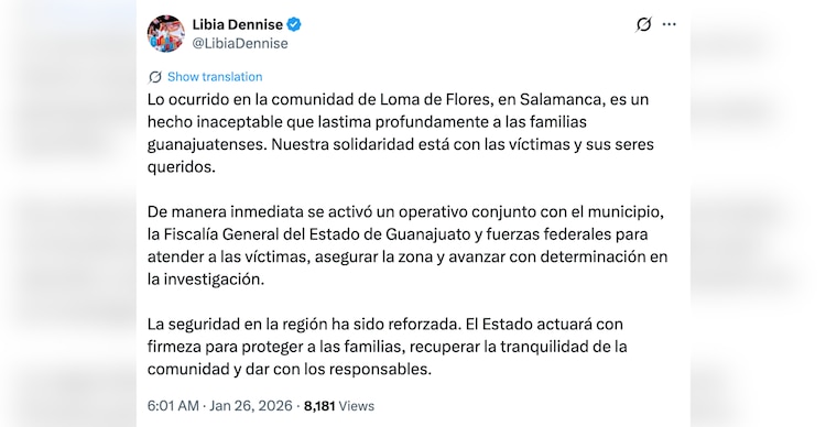 Publicación d ela gobernadora de Guanajuato sobre lo ocurrido en Salamanca
