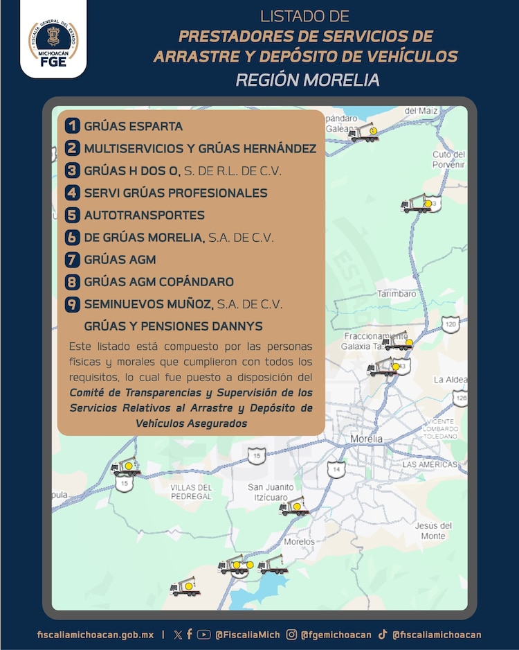 Padrón oficial de prestadores de servicios de arrastre y depósito de vehículos correspondiente a la Región Morelia.