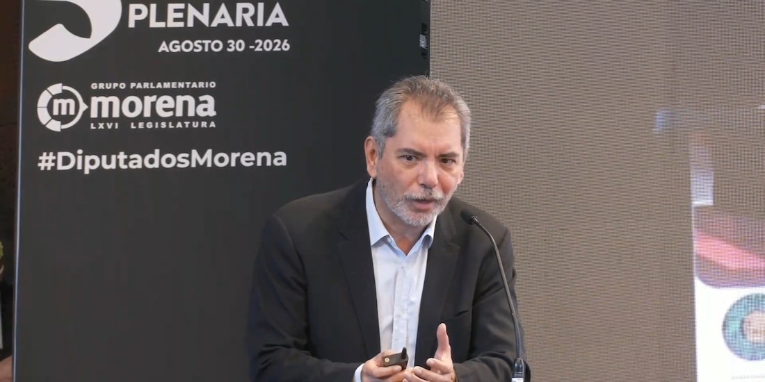 Édgar Amador Zamora, secretario de Hacienda y Crédito Público, durante su participación en la plenaria del Grupo Parlamentario de Morena en la Cámara de Diputados.