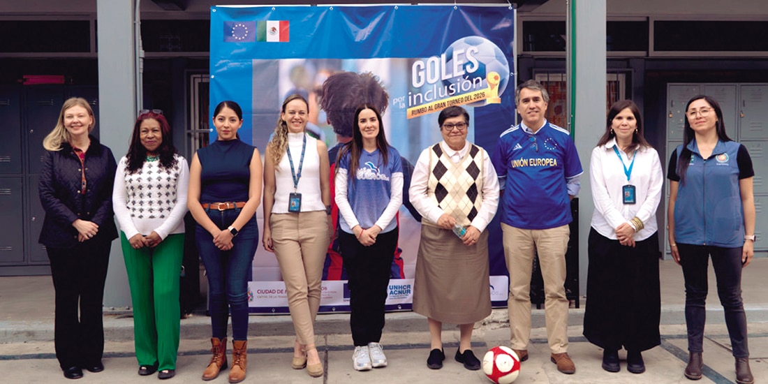 Representantes de las organizaciones impulsoras de Goles por la Inclusión en México, la Unión Europea, la OIM y el ACNUR, el 6 de marzo de 2026.