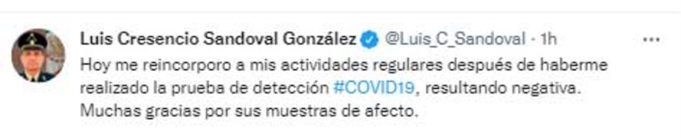El mensaje del titular dela Sedena en Twitter