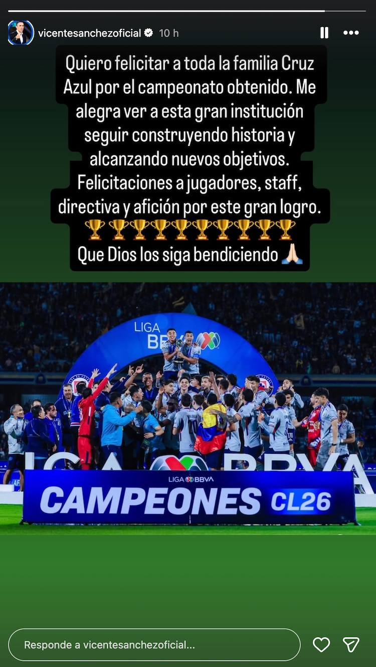 Vicente Sánchez felicitó a Cruz Azul por su nuevo título en la Liga MX.