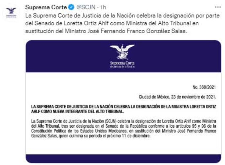 SCJN celebra designación de Loretta Ortiz como ministra del Alto Tribunal